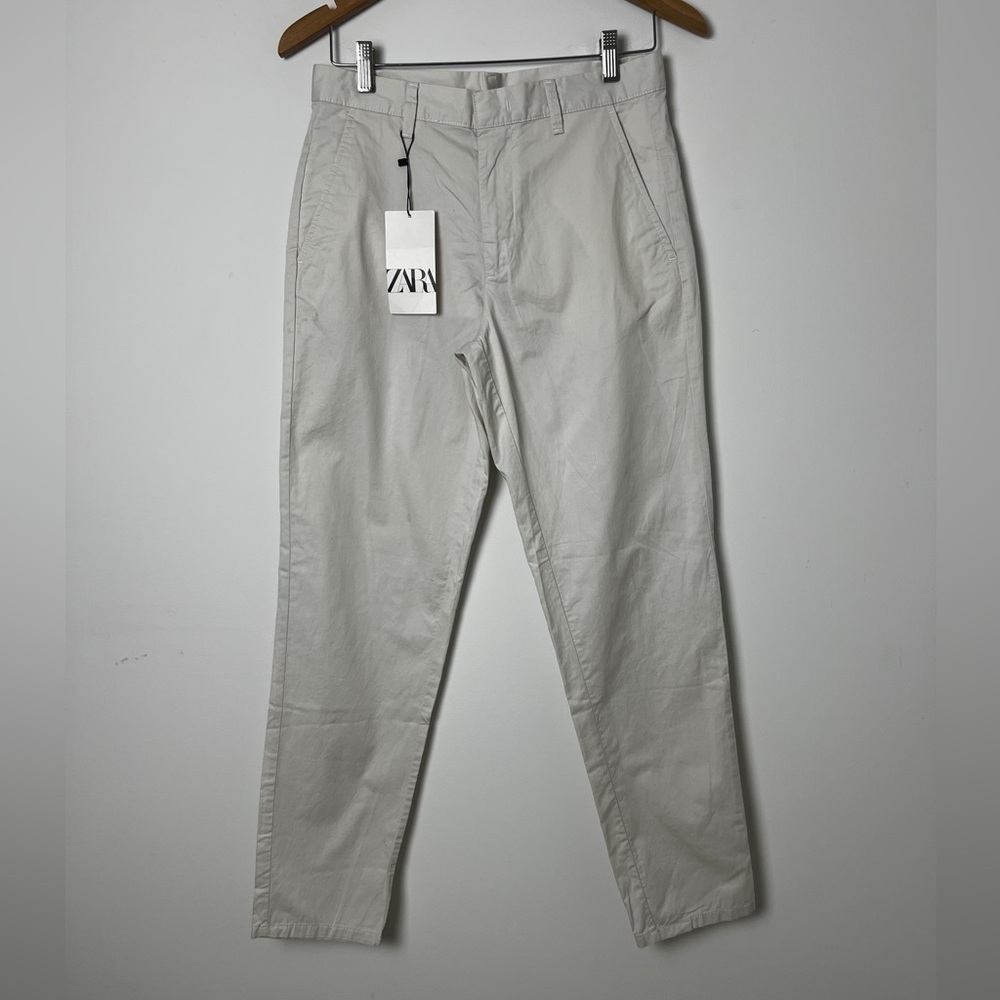 NEW ZARA 100% Cotton Straight Leg Lightweight High Rise Chino Preppy Pants SZ 29